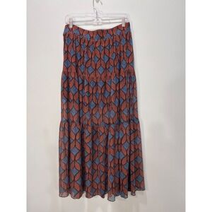 Melloday Women Blue Rust Orange Geometric Leaf Print Tiered Maxi Skirt Large
